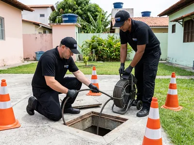 Equipe de uniforme preto desobstruindo rede de esgoto na rua