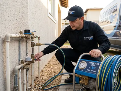 Técnico de uniforme preto usando máquina de pressão na tubulação de água