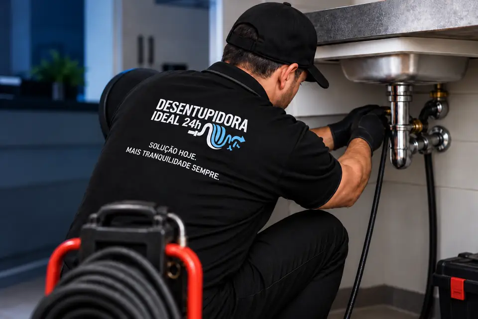 Profissional da Desentupidora Ideal 24h realizando atendimento em uma pia